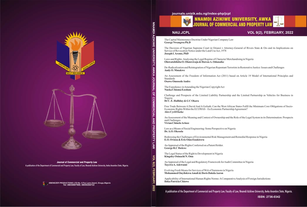 					View Vol. 9 No. 2 (2022): NNAMDI AZIKIWE UNIVERSITY JOURNAL OF COMMERCIAL AND PROPERTY LAW
				