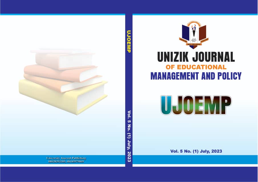 					View Vol. 5 No. 1 (2023): UNIZIK Journal of Educational Management and Policy (UJOEMP), Vol. 5, No. 1, 2023.
				